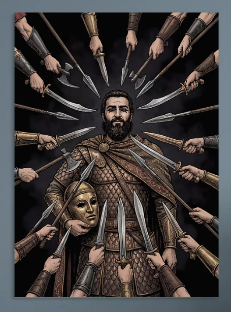 Warrior Surrounded by Weapons